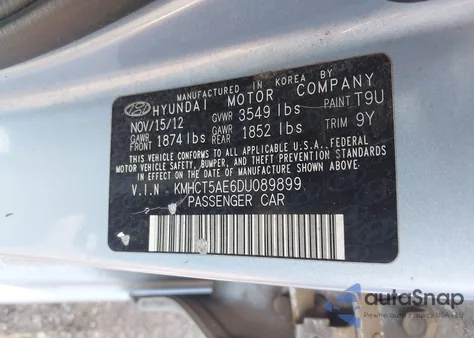 2013 Hyundai Accent Gs from USA, damaged, VIN KMHCT5AE6DU089899